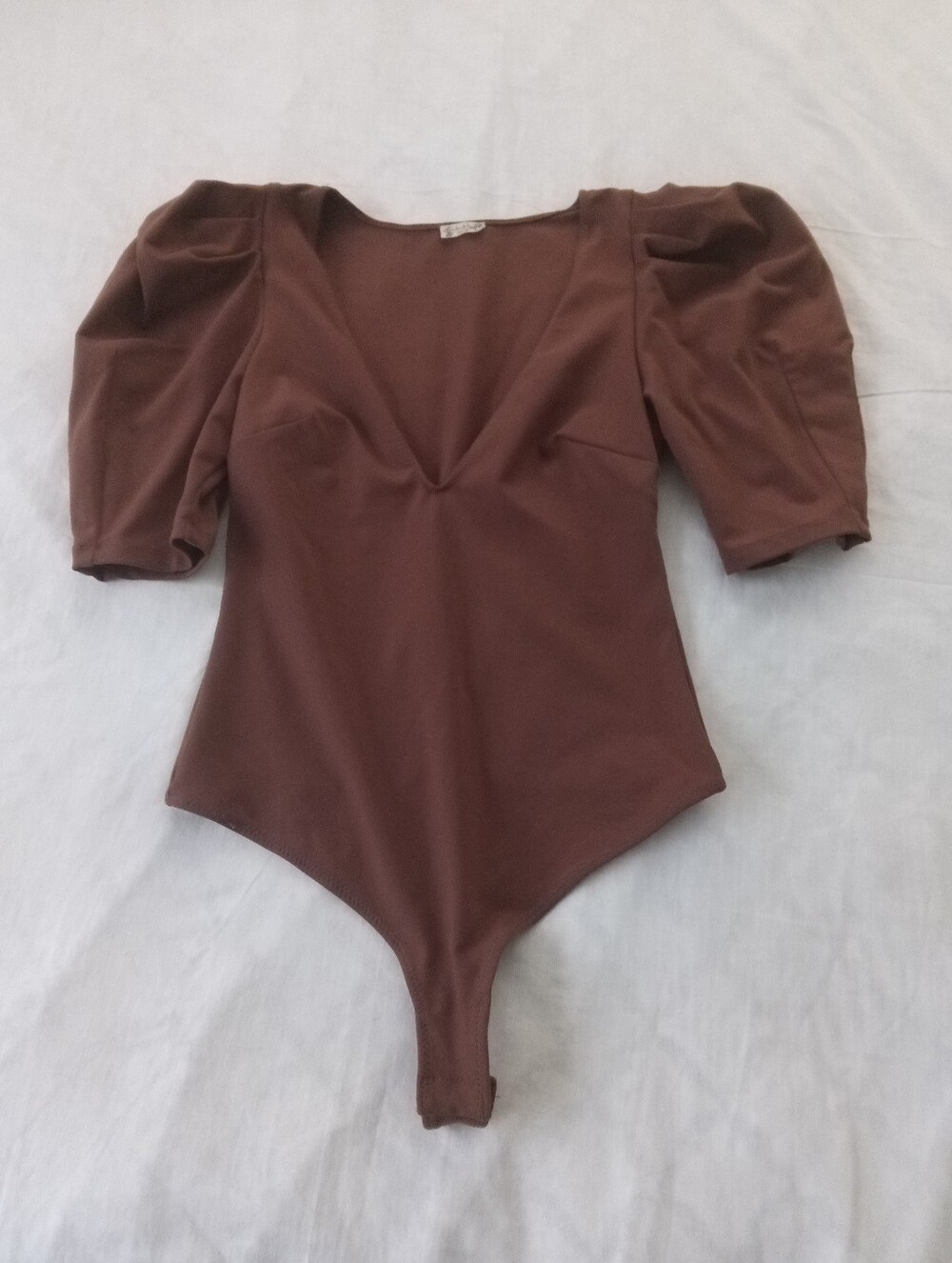 Intimately Free People Brown Puff Sleeve V-Neck Bodysuit